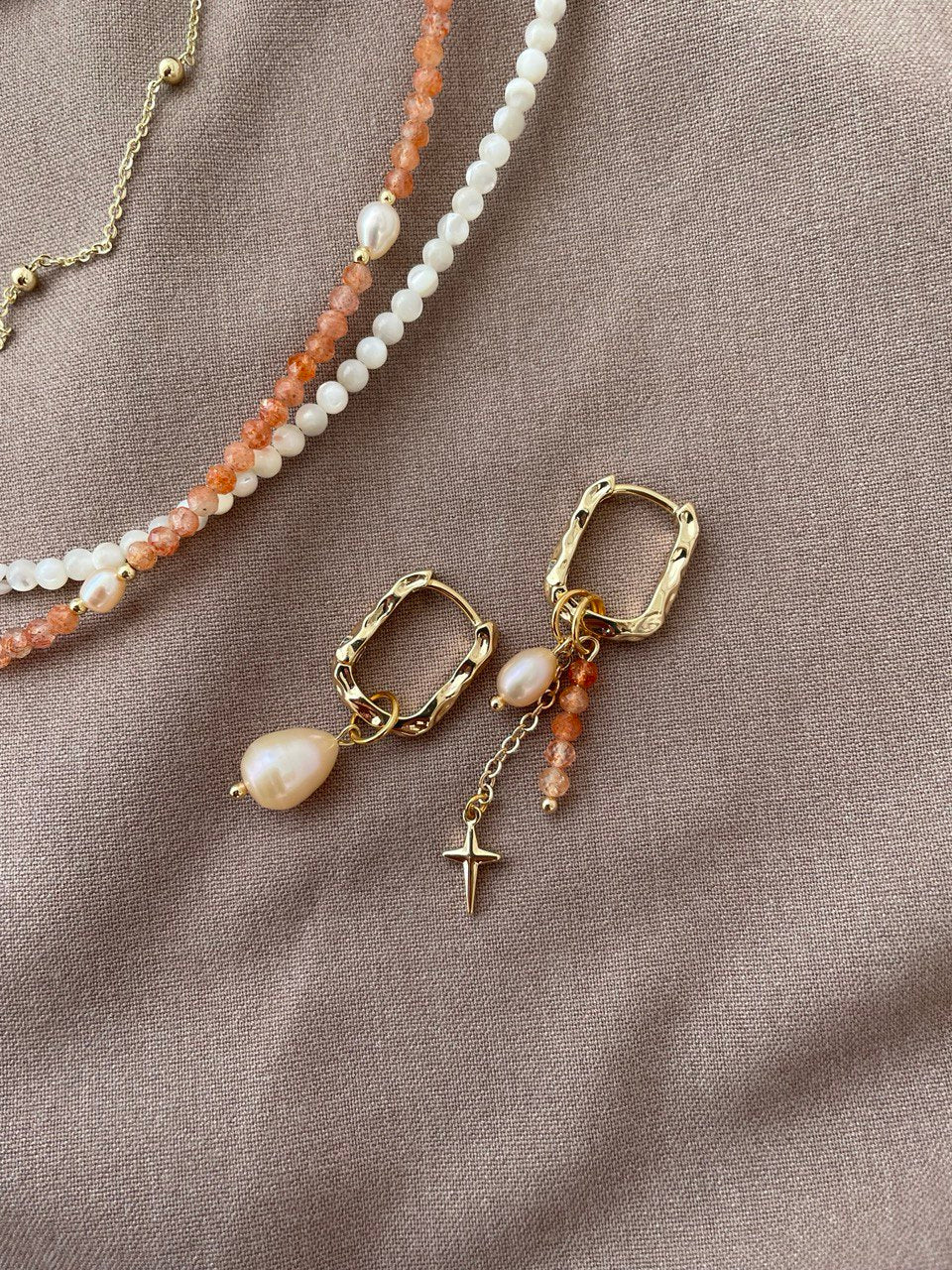 Earrings - ovals with sunstone and pearls