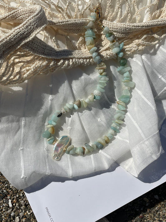 Колье из амазонита с жемчугом