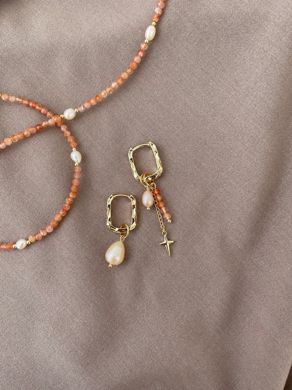 Earrings - ovals with sunstone and pearls